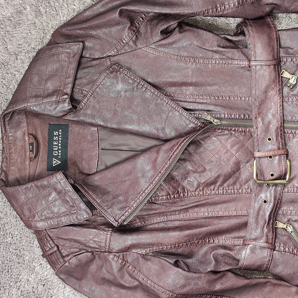 GUESS Dark Brown Leather Jacket for Women, Beautiful